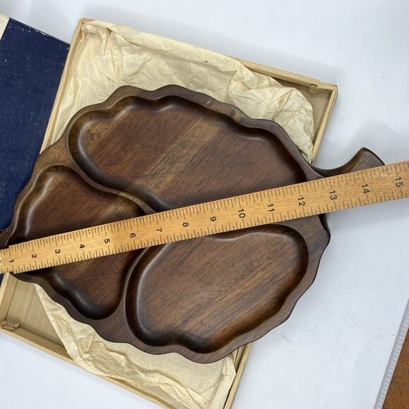 Vintage Kala Wood Hand Rubbed Carved 3 Section Leaf Tray MCM Mid Century Dark - Picture 10 of 10